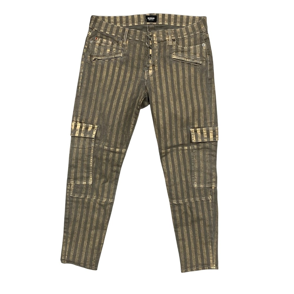 Hudson Nomad Cargo‎ Jeans Womens 32 x 30 Green Striped Slim Skinny Stretch Denim